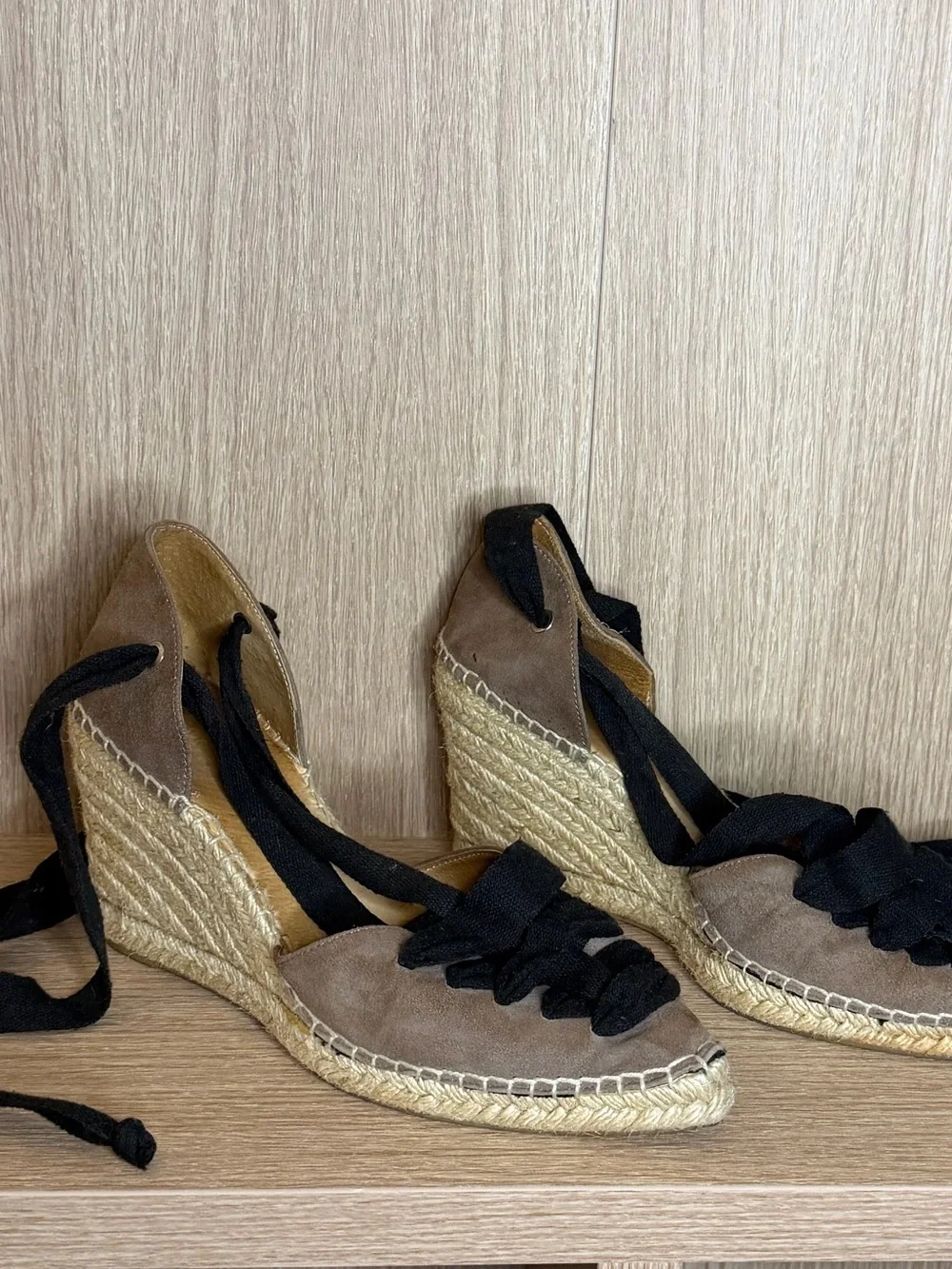 Women’s Lace-Up Espadrille Wedge Sandals in Taupe and Black